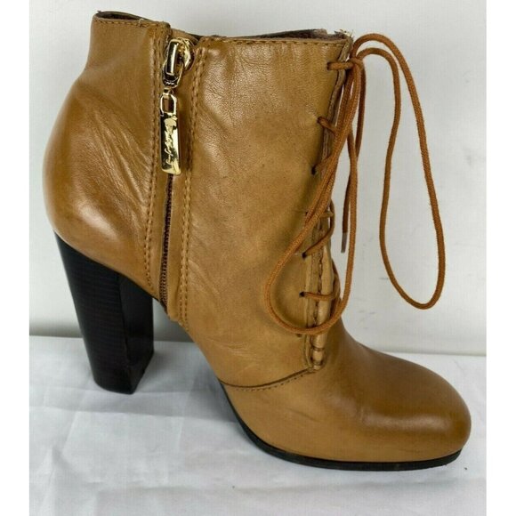 ELIZABETH AND JAMES Light Cognac Brown Leather Lace Up Side Zip Boots Heels Sz 8 - Picture 5 of 9